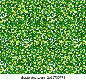 A vibrant and cheerful repeating pattern featuring tiny yellow flowers and lush green leaves.