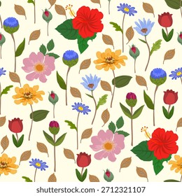 Plano de fundo floral contínuo vibrante e alegre com design colorido. Bela impressão têxtil com hibisco, rosa e flor de zinco com folha verde no fundo de creme