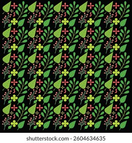 A vibrant and cheerful seamless pattern featuring various stylized flowers and leaves in shades of green, lime green, red, and peach on a black backdrop.