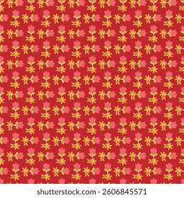 A vibrant and cheerful seamless pattern featuring yellow and pink flowers on a rich red background. Perfect for decorative designs, textiles, gift wrapping, and spring or summer-themed projects.
