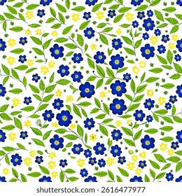A vibrant and cheerful seamless pattern featuring small, delicate blue flowers and yellow wildflowers with green leaves.