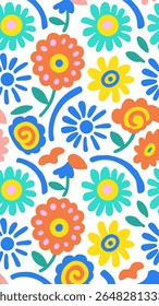 A vibrant and cheerful seamless pattern featuring abstract, stylized flowers in bright orange, teal, yellow, and blue hues with playful, organic shapes and a white background.