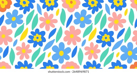 A vibrant and cheerful seamless pattern featuring abstract, stylized flowers in shades of pink, blue, and orange, interspersed with green and yellow leaves on a white background.