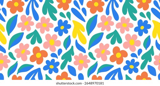 A vibrant and cheerful seamless pattern featuring abstract, stylized flowers and leaves in bold, flat colors. Perfect for playful and modern designs.