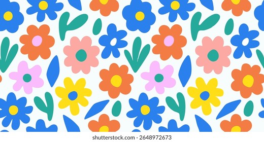 A vibrant and cheerful seamless pattern featuring abstract, retro-style flowers and leaves in bold colors like blue, orange, pink, yellow, and green on a white background.