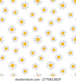 A vibrant and cheerful seamless pattern featuring numerous small white daisies with bright yellow centers scattered across the frame, creating a fresh and natural aesthetic.