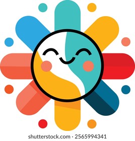 vibrant and cheerful stock illustration of a sun mascot with a stylized, modern design. The sun's face is depicted as a smiling yin-yang symbol, with soft blushes on its cheeks and playful expression