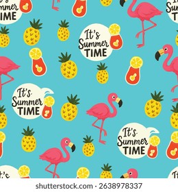 A vibrant and cheerful summerthemed pattern featuring colorful flamingos, pineapples, and playful text