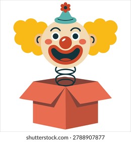 Vibrant cheerful surprise box gleeful clown shown as warm friendly graphic for greeting card design