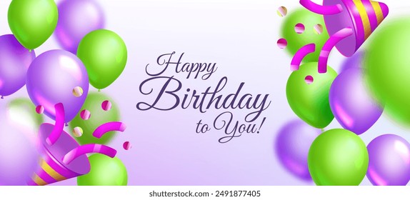 A vibrant and cheerful vector illustration featuring colorful balloons, party hats, and confetti, perfect for creating festive birthday designs. Ideal for greeting cards, social media graphics.