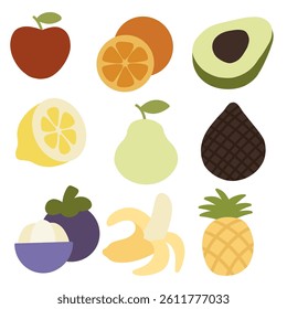 A vibrant and cheerful vector illustration featuring nine distinct and popular fruits. Each fruit is depicted in a simple, flat, and slightly stylized manner with clean outlines and bright, appealing.