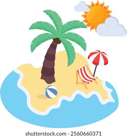 A vibrant and cheerful vector illustration of a tropical island paradise. Featuring a palm tree, beach chair, beach ball, sun, clouds, and clear blue water.