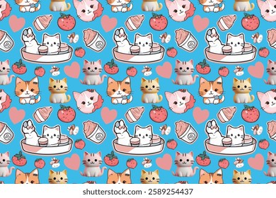 A vibrant, cheerful, and whimsical seamless pattern featuring adorable cartoon cats in various poses and colors, surrounded by strawberries, heart shapes, and pastel-colored treats like ice cream and 