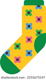 Vibrant and cheerful yellow sock adorned with a repeating pattern of colorful flowers, evoking the essence of springtime and adding a touch of whimsy to everyday attire