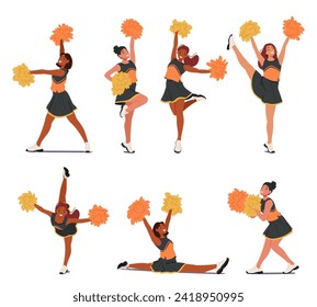 Vibrant Cheerleader Girls, Adorned In Spirited Uniforms, Dazzle With Energetic Routines. Pompoms Twirl In Sync, Radiating Contagious Enthusiasm And Adding A Burst Of Color To The Spirited Performance