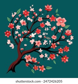 Vibrant Cherry Blossom Against Teal Background