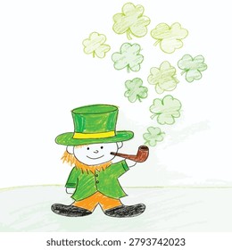 A vibrant child like drawing of a smiling leprechaun wearing a green top hat and coat blowing shamrock shaped smoke clouds