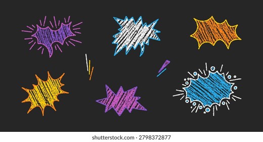 Vibrant childish chalk crayon doodles on blackboard feature colorful jagged speech bubbles and starburst explosion shapes with rough scribble texture in purple blue orange yellow cyan. Playful isolated vector elements.