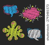 Vibrant childish chalk doodles feature unique speech bubbles, starburst explosion and irregular green splat on dark background. Rough crayon texture adds playful handmade feel.