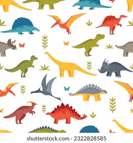 Vibrant Childish Seamless Pattern Featuring Cute and Playful Dinosaurs In Various Poses And Colors, Cartoon Illustration