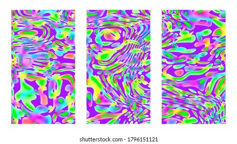 Vibrant children background set. Bright green and violet vector artwork. Vertical good vibes colorful templates, tropical posters and cover designs