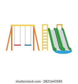 Vibrant children's playground equipment featuring a swing set and green slide isolated on white. Ideal for design projects about parks, recreation, and childhood fun.