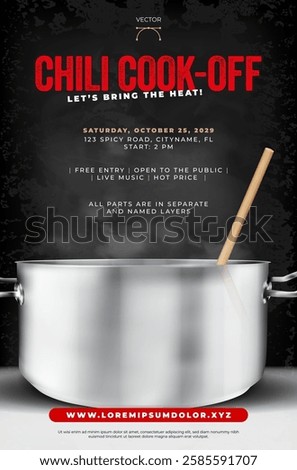 Vibrant chili cook-off flyer features bold text and engaging visuals, effectively promoting event with lively colors to attract potential attendees. Vector illustration.
