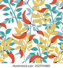 Vibrant Chili Fruit and Leaves Seamless Pattern. Perfect for use in nature-inspired designs, textile patterns, wallpapers, or kitchen-themed projects.