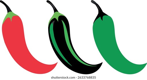 Vibrant chili peppers vector illustration featuring red black and green colors representing culinary spices and flavor
