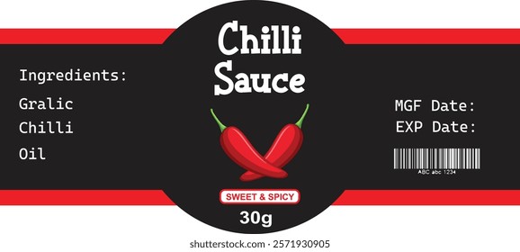 A vibrant chili sauce label design showcasing red chili peppers against a dark background.