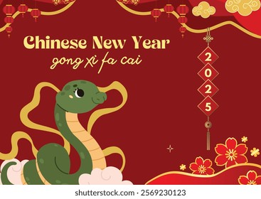 A vibrant Chinese New Year 2025 greeting card featuring a cute green snake, symbolic of the Year of the Snake, on a rich red background adorned with festive lanterns, golden waves, floral motifs