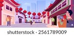Vibrant Chinese street with traditional houses, lanterns and tourists. Old architectural town, reflects traditional culture and urban life. Vector illustration of festive atmosphere with people.