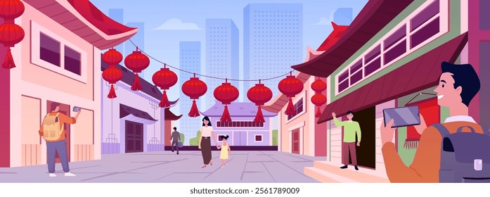 Vibrant Chinese street with traditional houses, lanterns and tourists. Old architectural town, reflects traditional culture and urban life. Vector illustration of festive atmosphere with people.