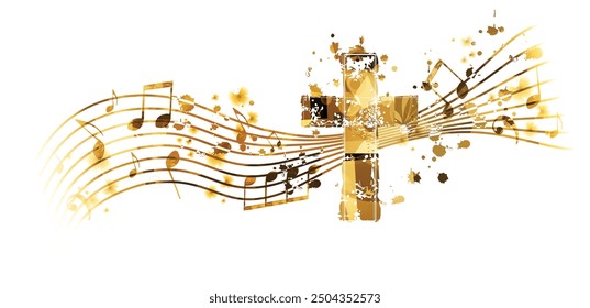 Vibrant Christian cross with musical notes stave isolated. Vector illustration. Religion themed design for Christianity, church service, communion and celebrations. Church choir background