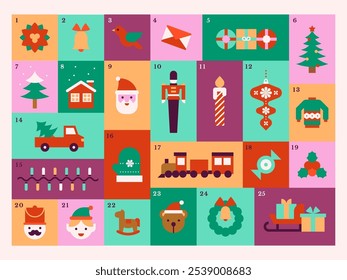 Vibrant Christmas Advent Calendar with Flat Holiday Icons and Seasonal Colors