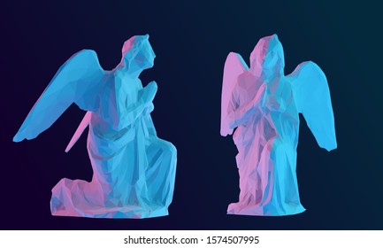 Vibrant Christmas Angel. Set of Holographic Angels on Isolated Background. Low Poly Vector 3D Rendering