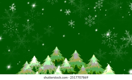 Un fondo de Navidades vibrantes con árboles nevados bajo un cielo verde lleno de delicados copos de nieve. Perfecto para diseños con temática navideña, tarjetas de felicitación y proyectos digitales festivos.