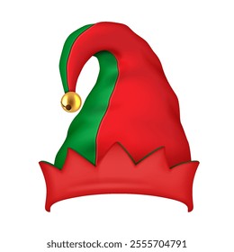 Vibrant Christmas elf hat with golden bell realistic vector illustration. Festive party costume on holiday season 3d object on white background