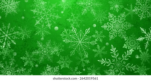 A vibrant Christmas illustration featuring large intricate snowflakes in various designs, layered with depth, interspersed with small circles, white on green background.