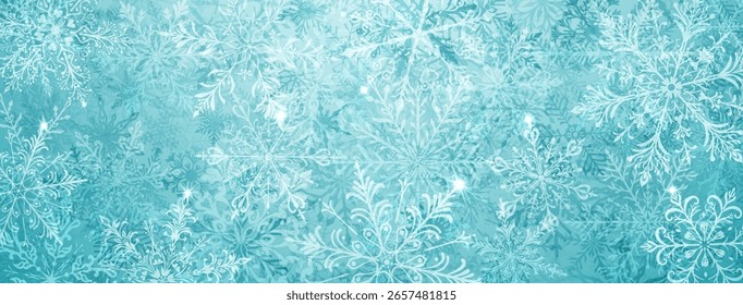 A vibrant Christmas illustration featuring large intricate snowflakes in various designs, layered with depth, interspersed with bright sparkles, in light blue tones.