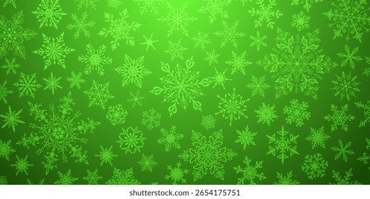 Una ilustración de Navidades vibrantes con varios copos de nieve intrincados de diferentes tamaños y diseños, fondo degradado azul verde blanco.
