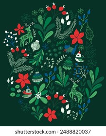 Vibrant Christmas pattern featuring reindeer, ornaments, winter plants, and festive decorations in red, green, and white colors, perfect for holiday-themed projects and backgrounds.