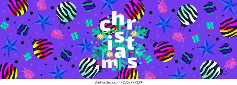 Patrón de Navidades vibrantes con adorno festivo, regalos geométricos, estrellas brillantes y tipografía moderna audaz. Fondo de vacaciones de moda para Anuncio de vacaciones, papel de regalo, póster y fiesta