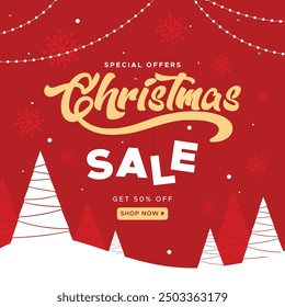 Vibrant Christmas sale poster design featuring bold typography, festive elements, and a red background with snowflakes and Christmas trees, promoting special offers and discounts.