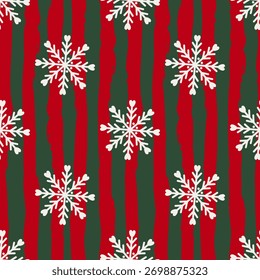 Patrón de Navidades vibrantes sin fisuras con rayas de Vertical rojas y verdes audaces, adornadas con copos de nieve blancos intrincados para un ambiente festivo de vacaciones.