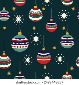 Vibrant christmas seamless pattern featuring retro baubles and snowflakes ornament festive holiday decorations.