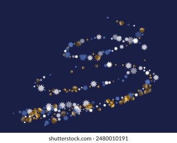 Vibrant Christmas star holiday pattern graphic design. Gold blue white sparkle decoration. Banner starburst pattern. Christmas star icon glitter. Crystal random print.