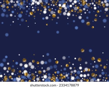 Vibrant Christmas star holiday scatter illustration. Gold blue white sparkle decoration. Poster starburst ornament. Christmas star shape particles. Night simple decor.