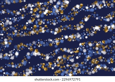 Vibrant Christmas star vector background graphic design. Gold blue white shiny decoration. Banner snowflake backdrop. Christmas star doodle particles. Crystal simple decor.