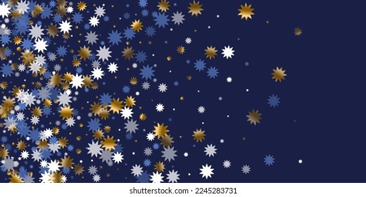 Vibrante diseño gráfico vectorial de estrella navideña. Confeti de brillo blanco azul dorado. Fondo del estreno de la pancarta. Brillante de símbolo de estrella de Navidad. Explosión moderna de invierno.
